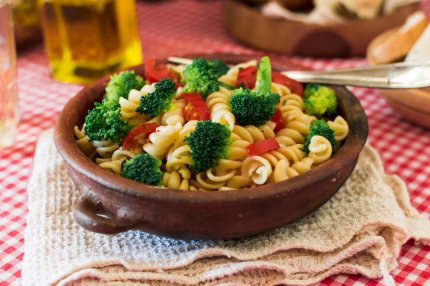 Image of ready-made salad with Italian pasta at home