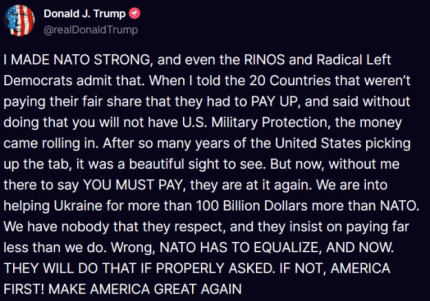 Допис Дональда Трампа про Україну та НАТО Допис Дональда Трампа