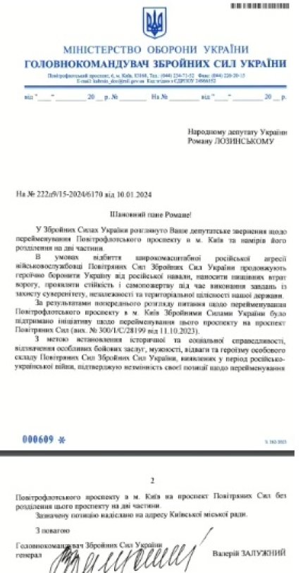 Відповідь Залужного на запит Лозового